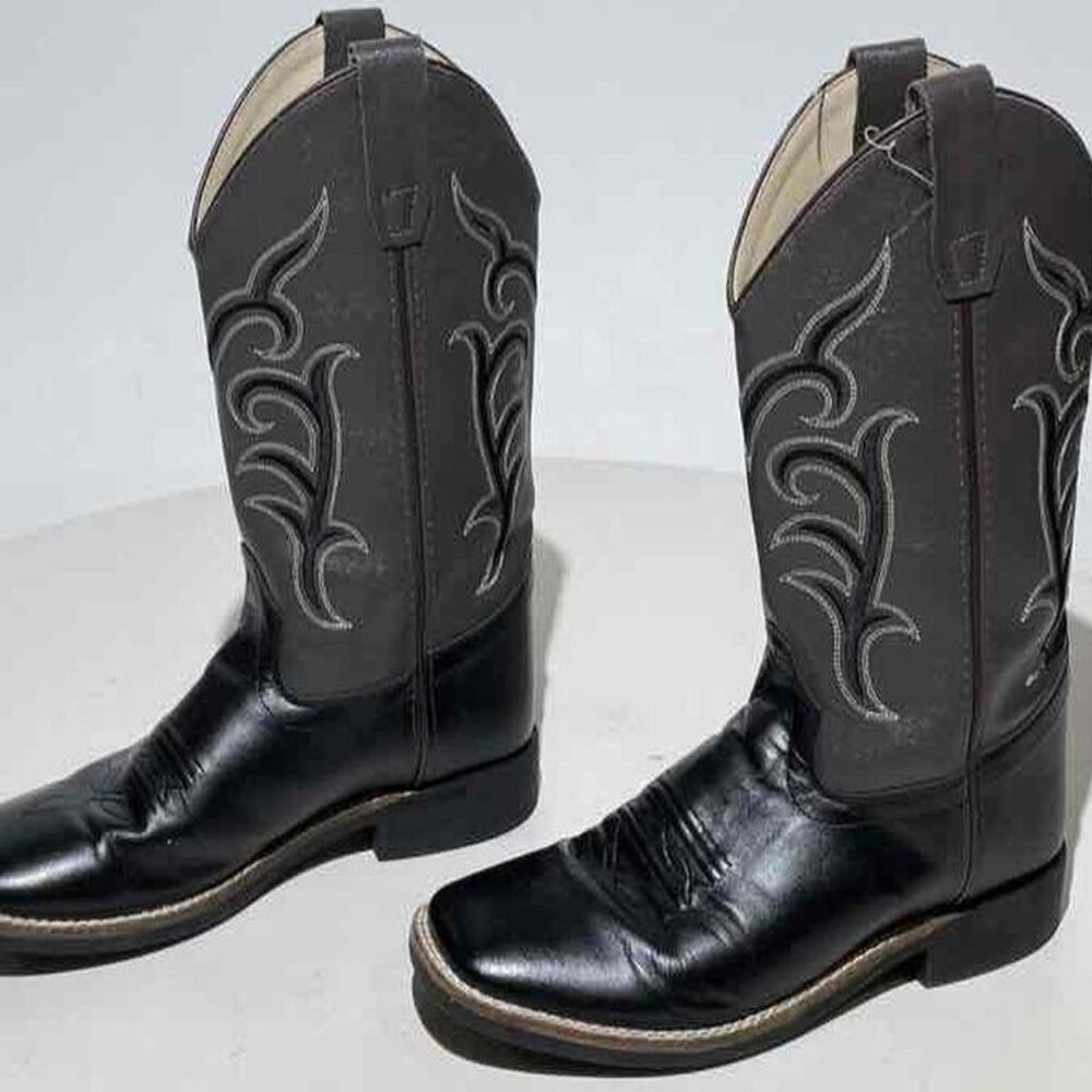 Old West Boys Girls Kids Youth Black/Gray Square Toe Cowboy Western Boots Sz 5